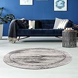 carpet city Teppich Grau Meliert Wohnzimmer - 160 cm Rund - Bordüre, Rauten Muster - Moderne Teppiche Kurzflor