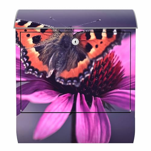 Arcondo Design Briefkasten mit Motiv und Zeitungsfach Schmetterling auf Purpur-Sonnenhut