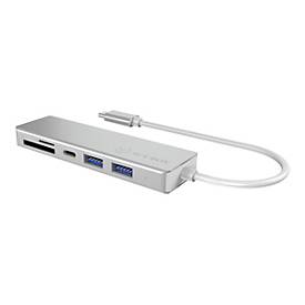 ICY BOX 3-fach USB-C Hub und Kartenleser für SD und microSD, 3x USB 3.0, USB 3.0 Anschluss, Aluminium, integriertes Kabel, silber/weiß