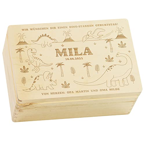 LAUBLUST Holzkiste mit Gravur - Personalisiert mit Name | Datum | Widmung - Naturbelassen, Größe M - Dino Motiv - Spielzeugkiste als Geschenkidee
