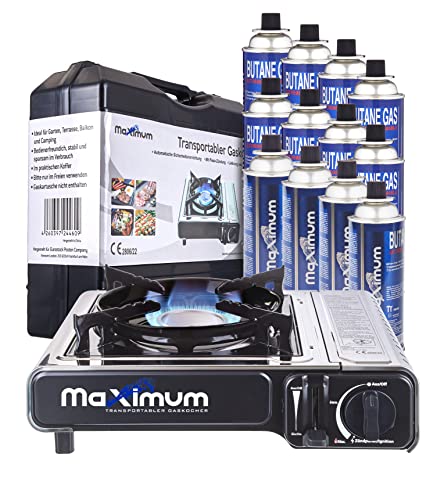 MaXimum Premium Edelstahl Gaskocher oder als Set 4 - bis 28 Gaskartuschen (Gaskocher + 12 Kartuschen)