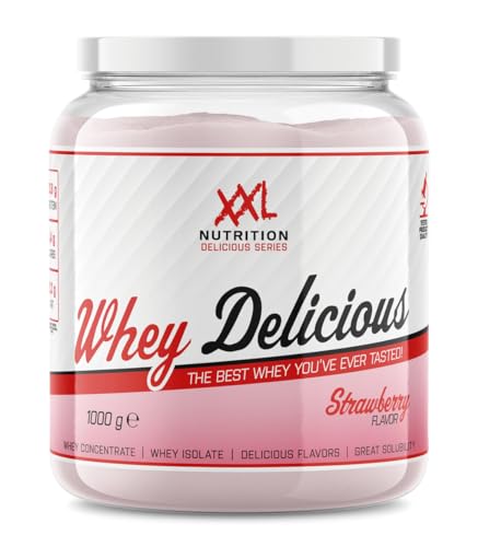 XXL Nutrition - Whey Delicious Protein Pulver - Leckerste Shake - Eiweiss Pulver, Whey Protein Isolat & Konzentrat - Hohe Qualität - 78,5% Proteingehalt - Erdbeere - 1000 Gramm