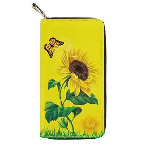 Schmetterlings-Sonnenblumen-Design Damen-Brieftasche, langes Leder, Reißverschluss um die Brieftasche, Kupplung, Kreditkartenetui, Organizer, Reisegeldbörse