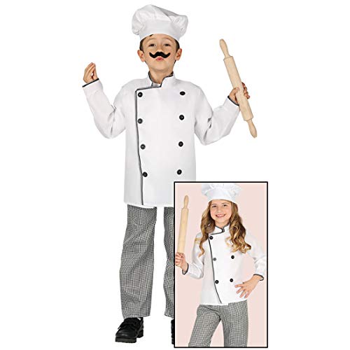 Amakando Witziges Chefkoch Kinderkostüm/Weiß-Schwarz 7-9 Jahre, 127-132 cm/Bäcker-Kostüm für Jungen & Mädchen/Genau richtig zu Kinder-Fasching & Mottoparty