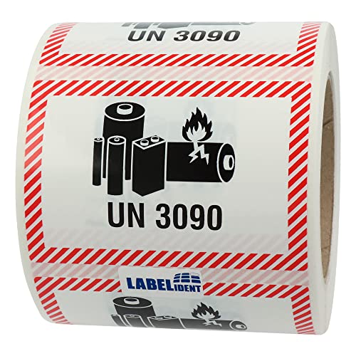 Labelident Transportaufkleber - enthält Lithium Metall Batterien UN 3090-100 x 70 mm - 500 Batterie Aufkleber auf 76 mm (3 Zoll) Rolle, Akku Etiketten