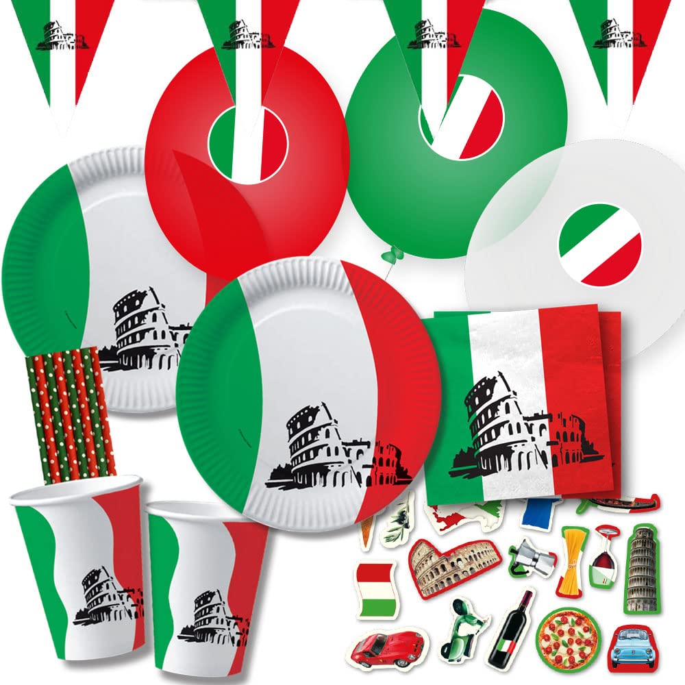 dh-konzept/spielum 95-teiliges Party-Set Italien - Teller Becher Servietten Wimpelkette XXL-Konfetti Luftballons Trinkhalme für 20 Personen