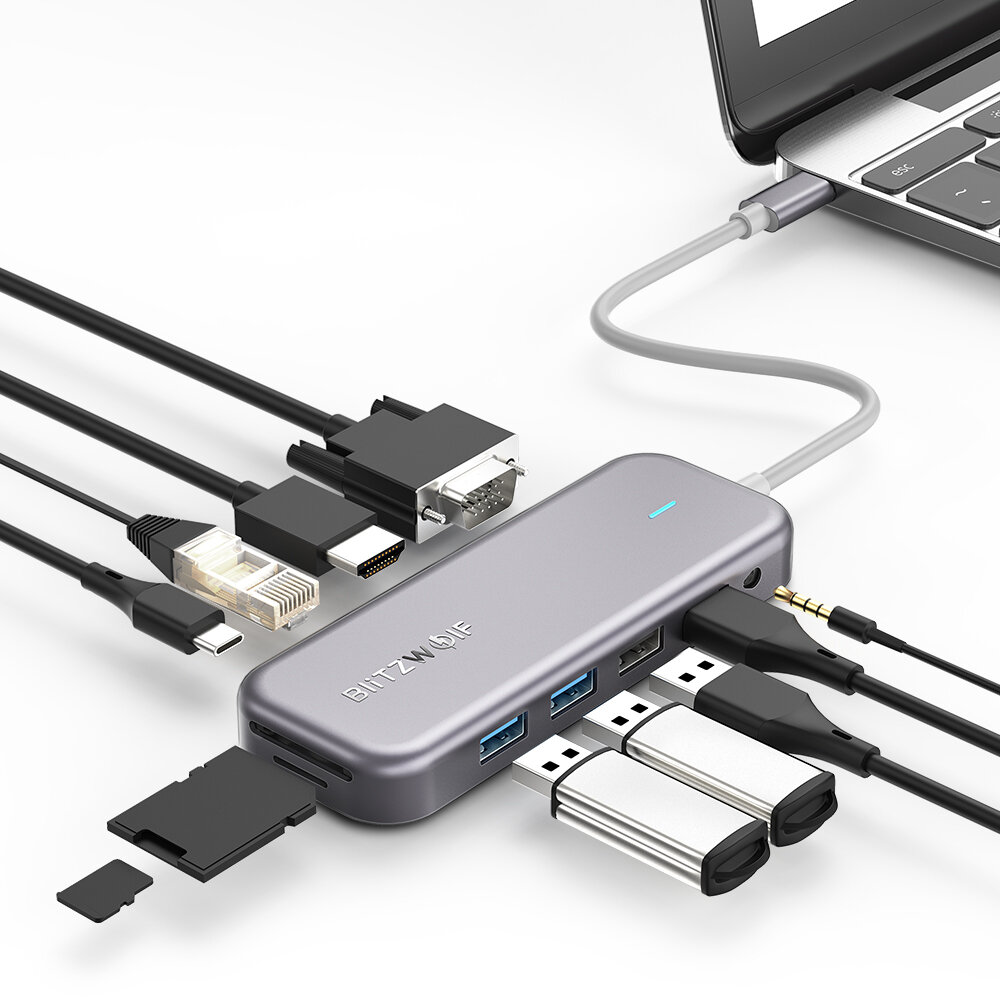 BlitzWolf® BW-TH8 11 in 1 USB-C-Datenhub mit 100 W Type-C PD-Stromversorgung 2 USB3.0 und 2 USB2.0 4K @ 30HZ und 1080P @