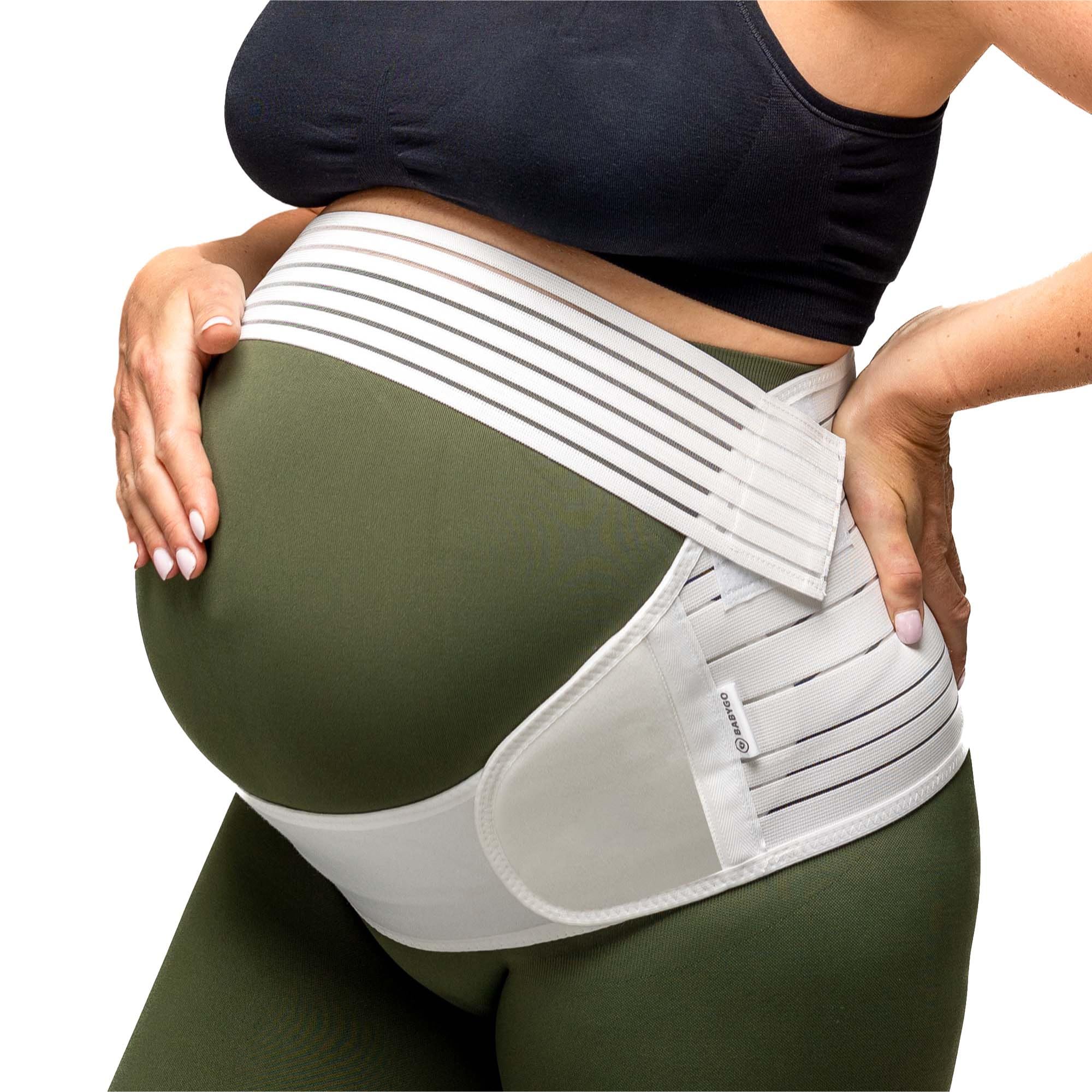 BABYGO® Bauchgurt Bauchband Schwangerschaft | Schwangerschaftsgürtel Stützgürtel bauchstütze beckengurt | inklusive Übungsbuch - Yoga für Schwangere L Weiß