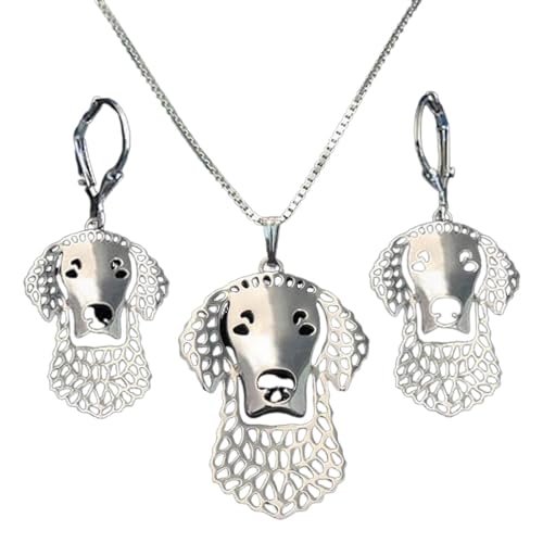 TWOMEM Halskette Anhänger Schmuckset für den weiblichen Curly-Coated Retriever Hund. Schmuckset mit hundeförmigem Anhänger für Damen Geburtstag Party Geschenk