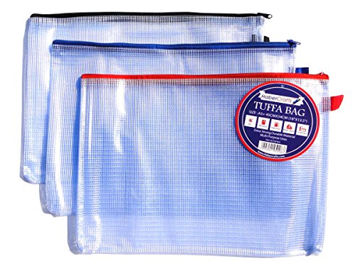 A3 Tuff Bag Zip Wallet Clear Plastic Wallets Zipped Pouch File Pencil Case Folder Water Resistant Reforced Heavy Duty Mesh Bags (Fits A3-12 Pack)