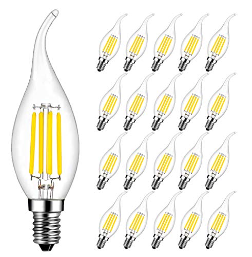 E14 Kerze LED Lampe für Kronleuchter, RANBOO, E14 Glühfaden Retrofit Classic, 4W ersetzt 40 Watt, 400 Lumen, 6500K Kaltweiß, Filament Fadenlampe, Glas, nicht dimmbar, 20er Pack