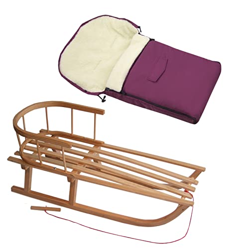 Kombi-Angebot Holz-Schlitten mit Rückenlehne & Zugseil + universaler Winterfußsack (90cm), auch geeignet für Babyschale, Kinderwagen, Buggy, Lammwolle Uni (kirsch + Schlitten)