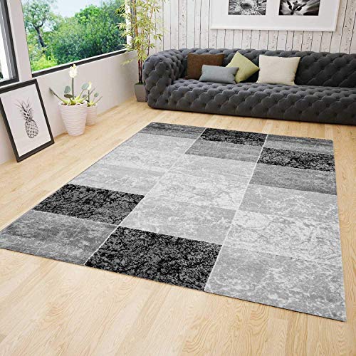 VIMODA Designer Teppich Modern Kariert, Marmor Muster, Meliert in Grau Schwarz Weiss - ÖKO TEX Zertifiziert, Maße:160 x 230 cm