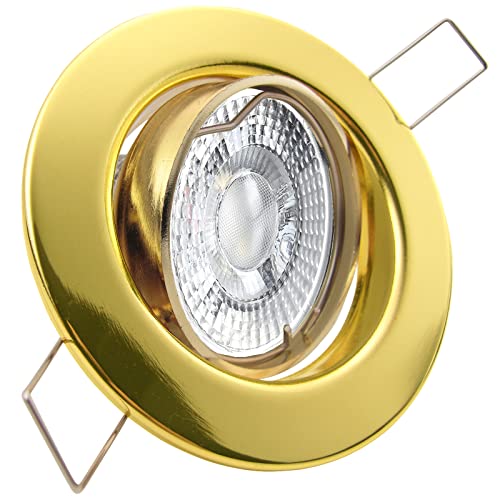 trendlights24 Decora LED Einbaustrahler 230V Gold Messing rund 5er Set - LED-Spots 4W 360 lm 38-45° GU10 Warmweiß - Deckenspots 68 mm Lochmaß