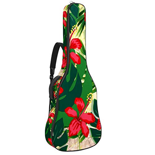Gitarren-Gigbag, wasserdicht, Reißverschluss, weicher Gitarren-Rucksack, Bassgitarre, Akustik- und klassische Folk-Gitarren-Tasche, chinesische Rose, rote tropische Blätter