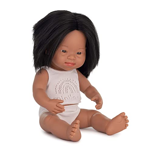 Miniland Dolls: lateinamerikanische Babypuppe Mädchen, mit Down Syndrom aus weichem Vinyl, 38 cm, präsentiert mit Unterwäsche in Geschenkbox (31268)