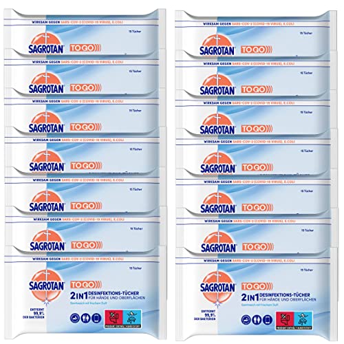 Sagrotan 2in1-Desinfektionstücher – Zum Desinfizieren von Händen und Oberflächen – 14 x 15 Feuchttücher in wiederverschließbarer Verpackung