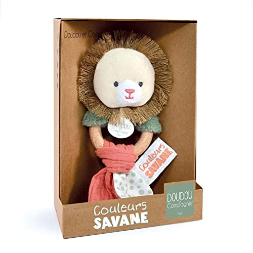 Doudou et Compagnie - Farben Savanne – Rassel aus Holz Löwe – Beige – 15 cm – Geschenk zur Geburt – schöne Geschenkbox – DC4067