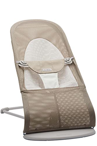 BABYBJÖRN Babywippe Balance Soft, Hellgrauer Rahmen, Netzstoff, Grau-Beige/Weiß