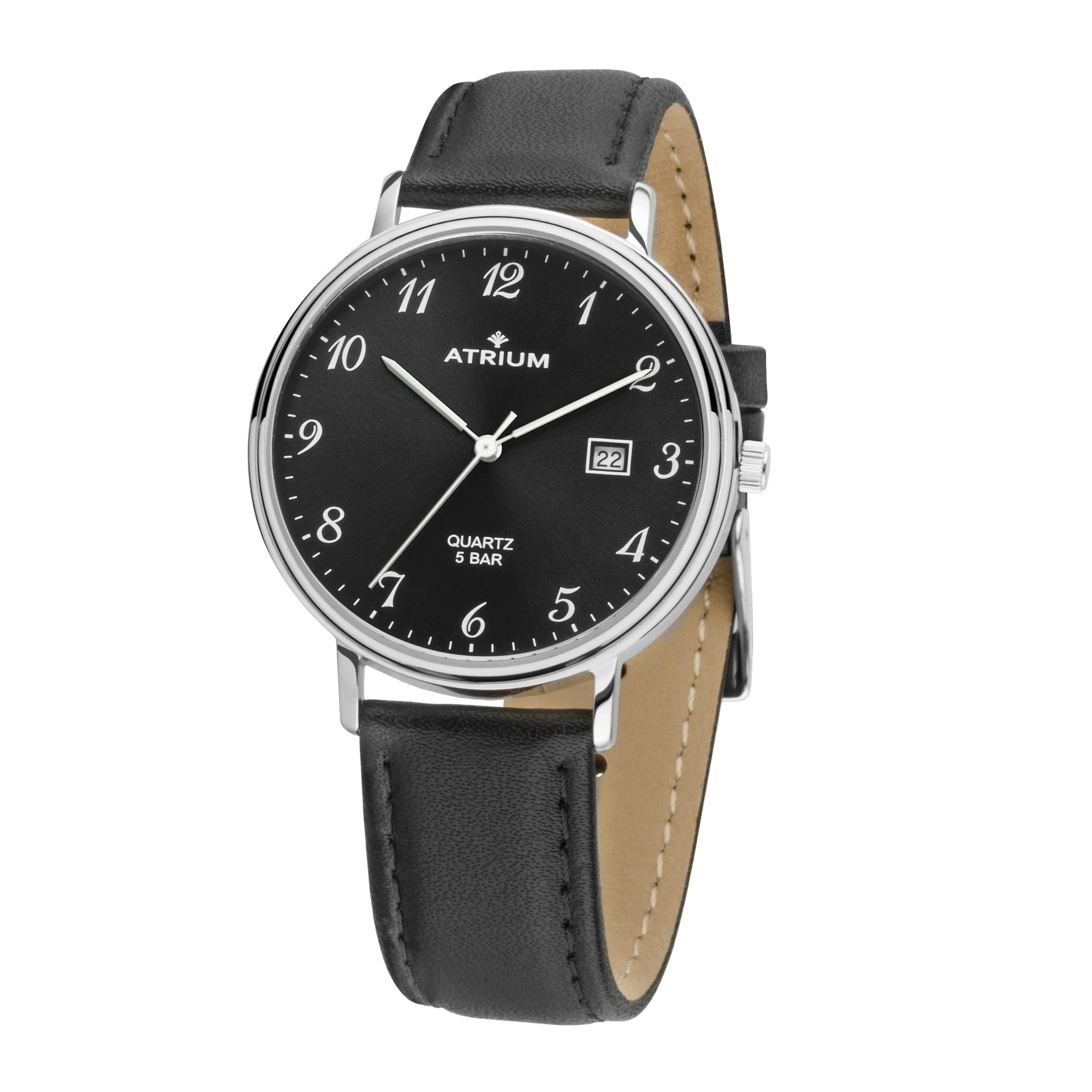 Atrium Herren-Armbanduhr Analog Quarz Edelstahl Datum Leder schwarzes Zifferblatt 5 bar A30-11