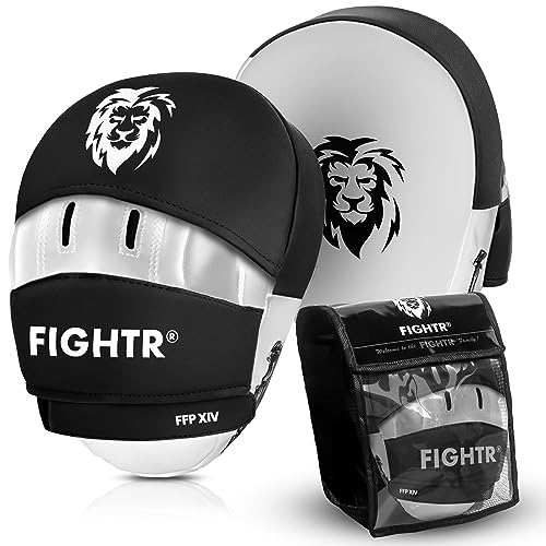 FIGHTR® Premium Pratzen Set mit idealer Polsterung und Stabilität | Boxpratzen für Kampfsport inkl. Tragenbeutel (Weiß/Schwarz) 2 Handpratzen für Boxen, Kickboxen, Muay Thai
