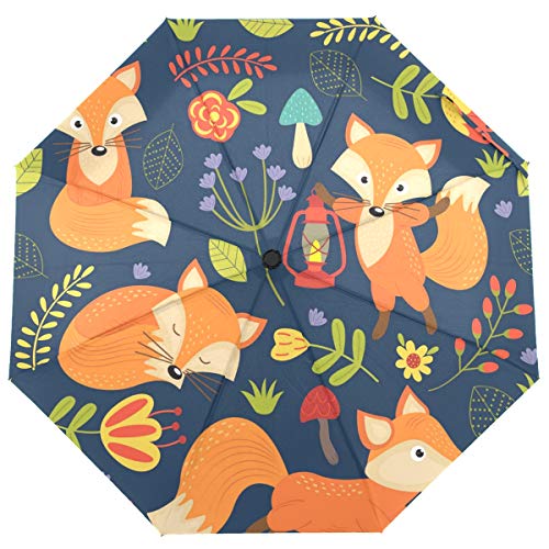 ISAOA Automatischer Faltbarer Regenschirm, Fuchs-Blume, kompakt, Winddicht