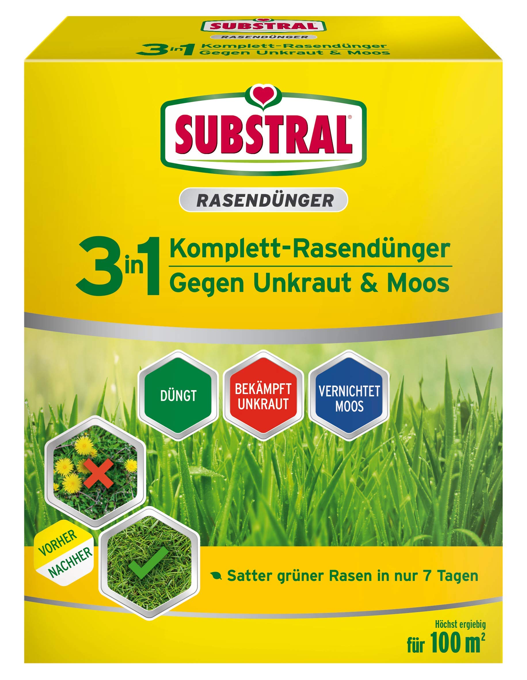 Substral 3 in 1 Komplett Rasendünger mit Unkrautvernichter und Moosvernichter, 3,6 kg für 100 m²