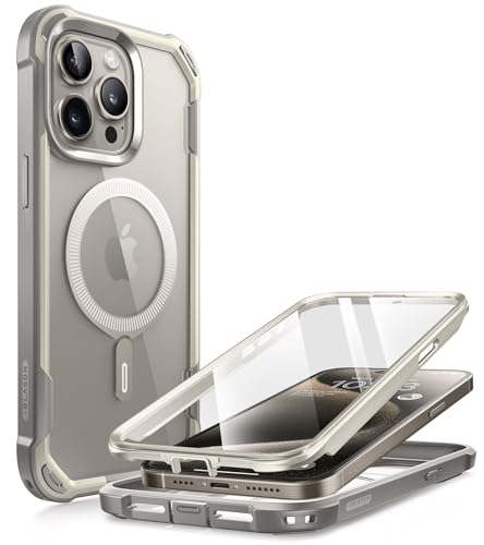 i-Blason Ares Mag Hülle für iPhone 15 Pro (6.1") 2023, Kompatibel mit MagSafe, Bumper Case Transparent Handyhülle Robust Schutzhülle Cover mit integriert Displayschutz, Grau