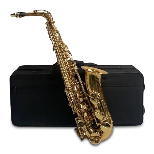 KOCAN Goldenes Eb-Altsaxophon, Saxophon, Messingkorpus, weiße Muscheltasten, Holzblasinstrument mit Tragetasche, Handschuhe, Reinigungstuch, Bürste, Saxophonhals,Saxophon