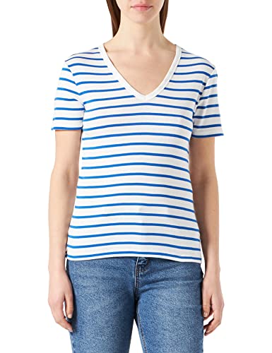 Petit Bateau Damen Kurzärmeliges T-shirt, Weiss Marshmallow / Blau Delft, XXS