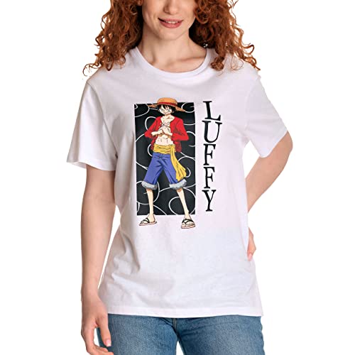 Elbenwald One Piece T-Shirt mit Luffy Frontprint für Herren Damen Baumwolle weiß - S