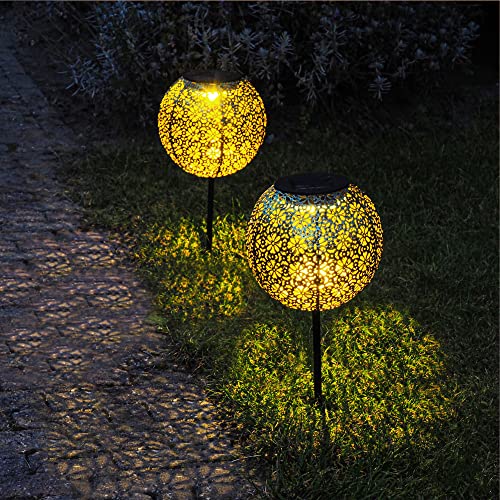 Gadgy Solarkugel | Set von 2 Stück | LED Solarlichter für Außen | Gartenweg und Terassen Dekoration | Gold & Schwarz Metall | Outdoor Gartendeko und Terassendeko
