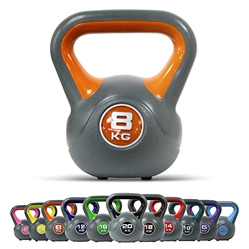 Kettlebell Kunststoff 2-20 kg inkl. Workout I Kugelhantel in versch. Farben und Gewichten I Bodenschonende Schwunghantel (8 kg - Orange)