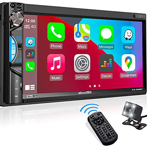 Double Din Stereo Apple Carplay: in-Dash Car Multimedia Player with Bluetooth, Phone Link, HD Touchscreen Monitor, Rearview Cam, A/V Input, FM/AM Car Radio, Steering Wheel