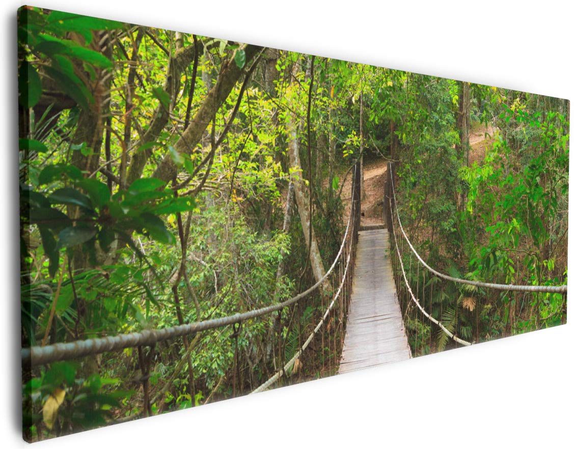 Wallario XXL Leinwandbild Hängebrücke im Urwald grüner Dschungel - Wandbild 60 x 150 cm Brillante lichtechte Farben, hochauflösend, verzugsfrei, Kunstdruck