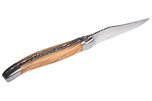Laguiole en Aubrac Taschenmesser 12 cm, aufwendig graviert, Doppelplatine, Griffschalen Olivenholz, Klinge und Backen matt