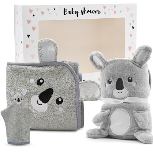 Personalisiertes 3-teiliges Baby-Kuschelset - Babydecke mit Namen, Kapuzenhandtuch, Baby Waschlappen - Personalisierte Geschenke zur Geburt.