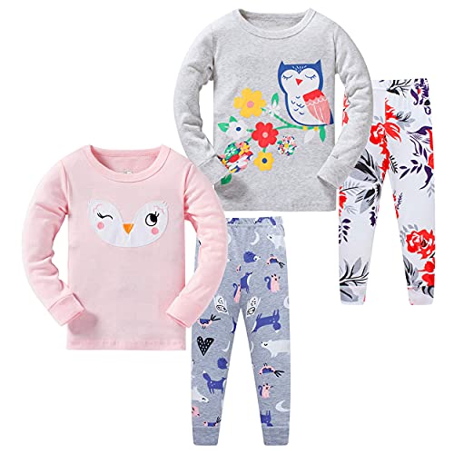 Schlafanzug für Mädchen, langärmelig, 4-teilig, für kleine Kinder, Pyjama-Set, 2-8 Jahre, Eule, 4 Stück, 5-6 Jahre