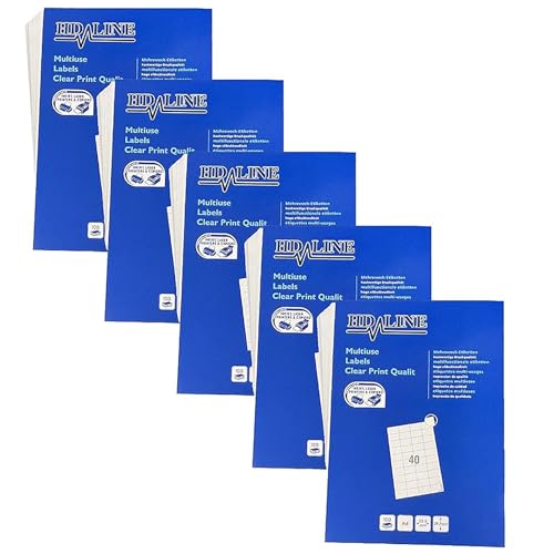 Hd-line Universal Etiketten 5 Packungen, 52,5 x 29,7 mm, 100 Blatt, 20000 Stück, selbstklebend, bedruckbar, matt, blanko Papier Klebeetiketten Aufkleber, 40 pro A4 Bogen, weiß