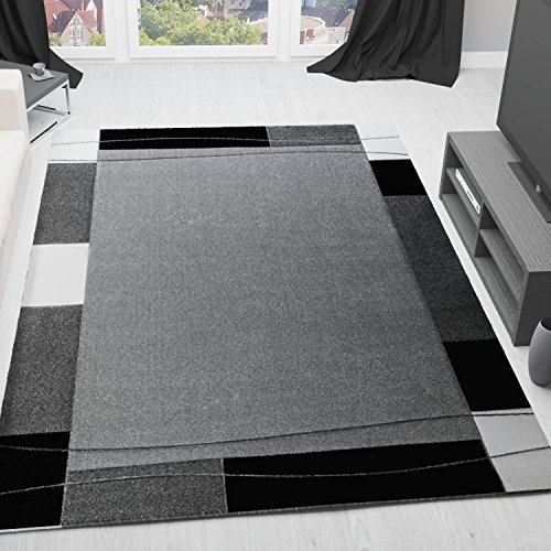 VIMODA Moderner Wohnzimmer Teppich, Top Qualität, Handgeschnittene Konturen Bordüre in Grau Schwarz - Geprüft auf Schadstoffe, Maße:160 x 230