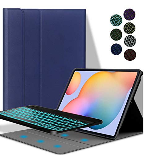 YGoal Tastatur Hülle für Galaxy Tab A7, QWERTZ Layout Ultra-Dünn Hülle mit 7 Farben Hintergrundbeleuchtung Abnehmbarer Deutsches Tastatur für Samsung Galaxy Tab A7 10.4 2020 SM-T500, Blau