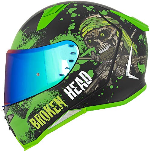 Broken Head Jack S. V2 Pro - Integral-Helm grün - Sport-Motorrad-Helm incl. gratis grün verspiegeltem Visier (S 55-56 cm)