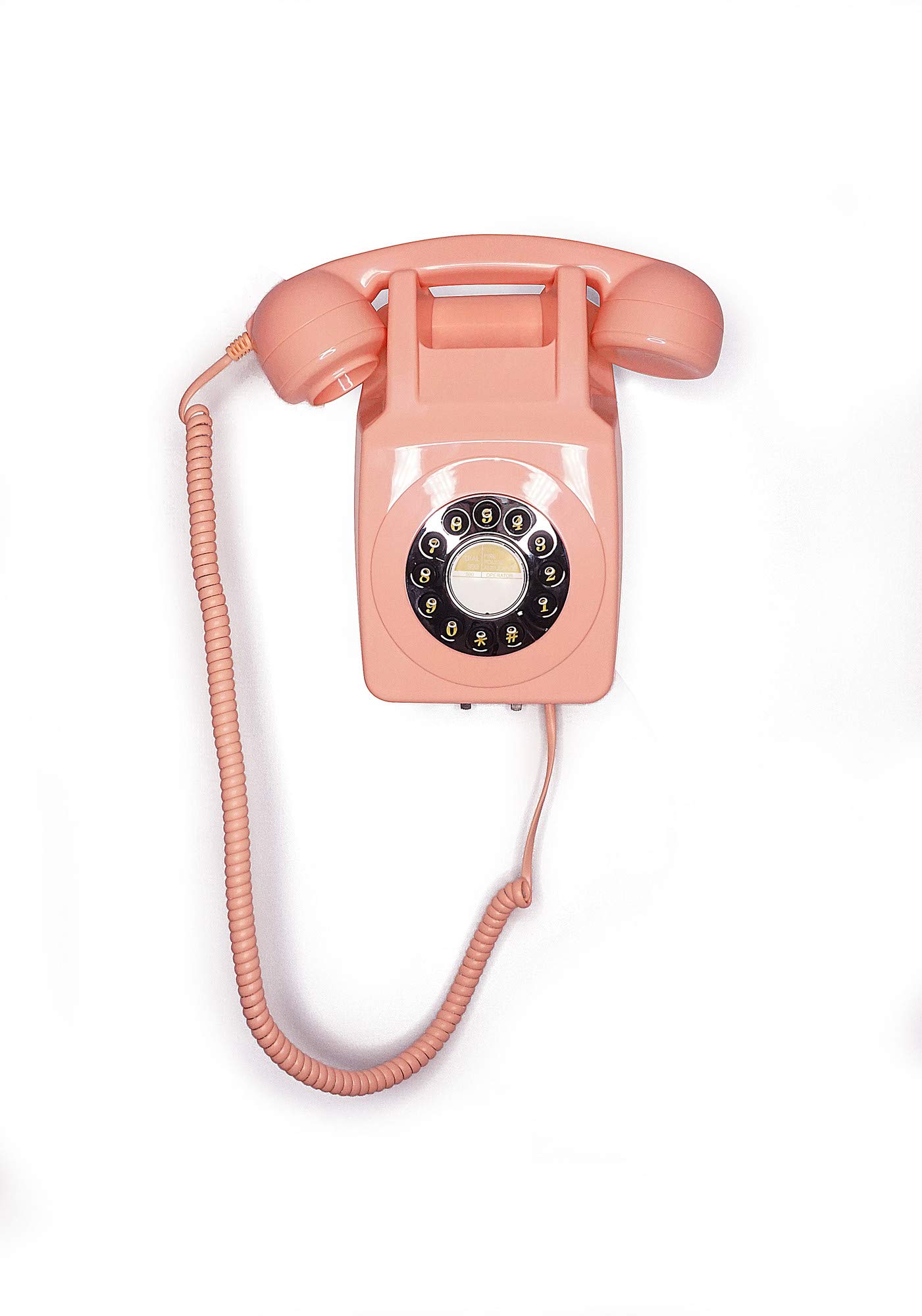 GPO Retro Festnetztelefon 746 mit Druckknopf zur Wandmontage, lockiges Kabel, authentischer Klingelring, Pink, GPO746WALLPUSHPINK