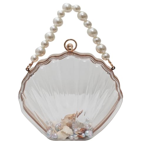 TAZIZI Transparente Damen-Umhängetasche, modische Perlenkette, Umhängetasche, Acryl, klare Muschel-Handtasche, Kuriertasche, T, 7.87x6.69x2.76''