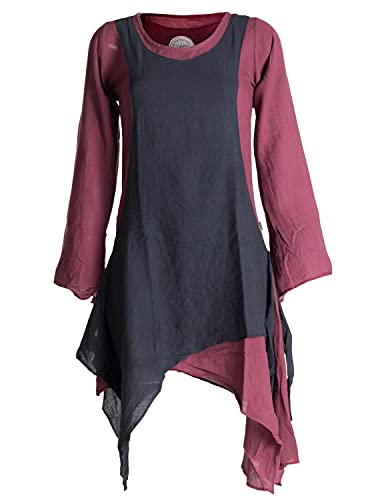 Vishes - Alternative Bekleidung - Langärmliges Zipfeliges Lagenlook Kleid/Tunika aus handgewebter Baumwolle dunkelrot-schwarz 46