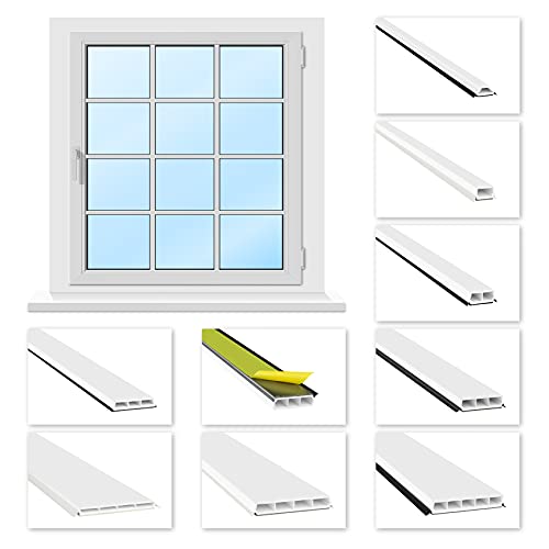 HEXIM Fenstersprossen weiß 1 & 2 Meter - selbstklebende Glassprossen aus PVC Kunststoff, Dichtungslippen(steil & ausgestellt) in grau und schwarz - HJ G35(2000x35x13mm, schwarze Lippe)