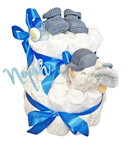 Elfenstall Windeltorte Pamperstorte mit Acryltopper Rassel Strickschuhen und Schnuller als Geschenk zur Geburt oder Taufe (Strick blau)