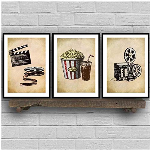 HHLSS Drucke für Wände 3x50x70cm ohne Rahmen Kino Vintage Kunst Wandbild Popcorn Film Clapper Print Home Cinema Retro Decor