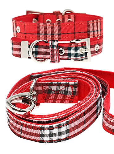 UrbanPup Hundehalsband und Hundeleine, Stoff, Schottenkaro, rot, Set