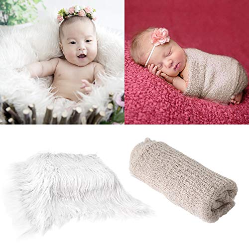 2 Teile/satz Baby Foto Requisiten Lange Ripple Wraps DIY Decke Neugeborenen Wraps Fotografie Matte für Baby Jungen und Mädchen (Color : White Blanket+Beige Wrap)